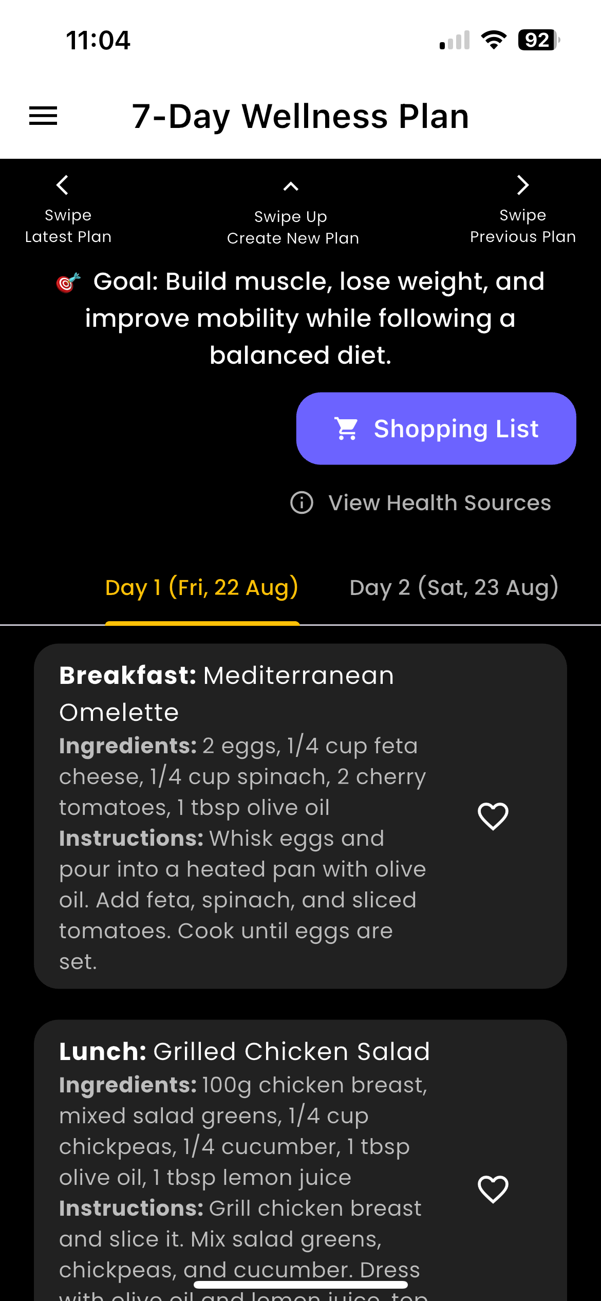 256 Wellness app showing a 7-day plan overview with meals, workouts, and mindfulness