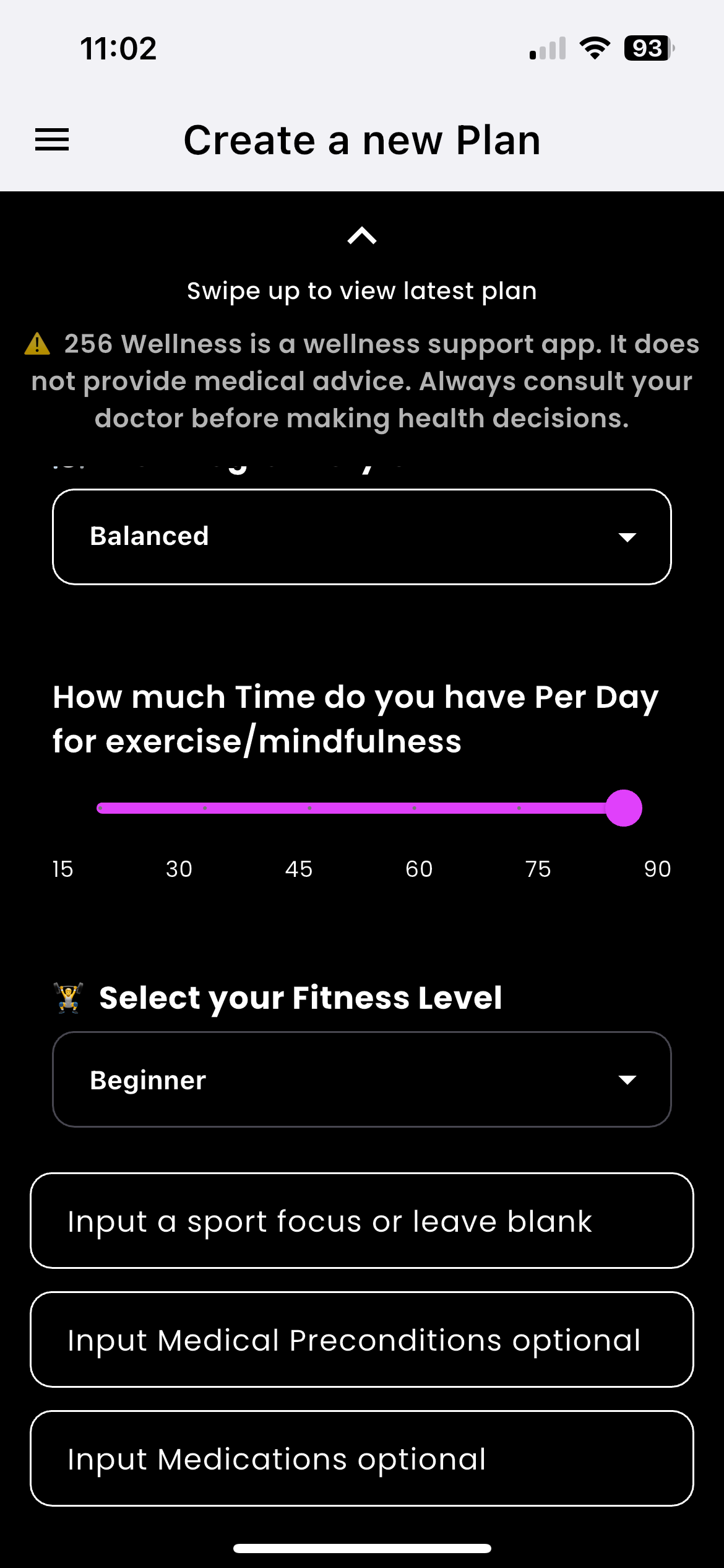 Preferences screen with diet, goals, and sport selection
