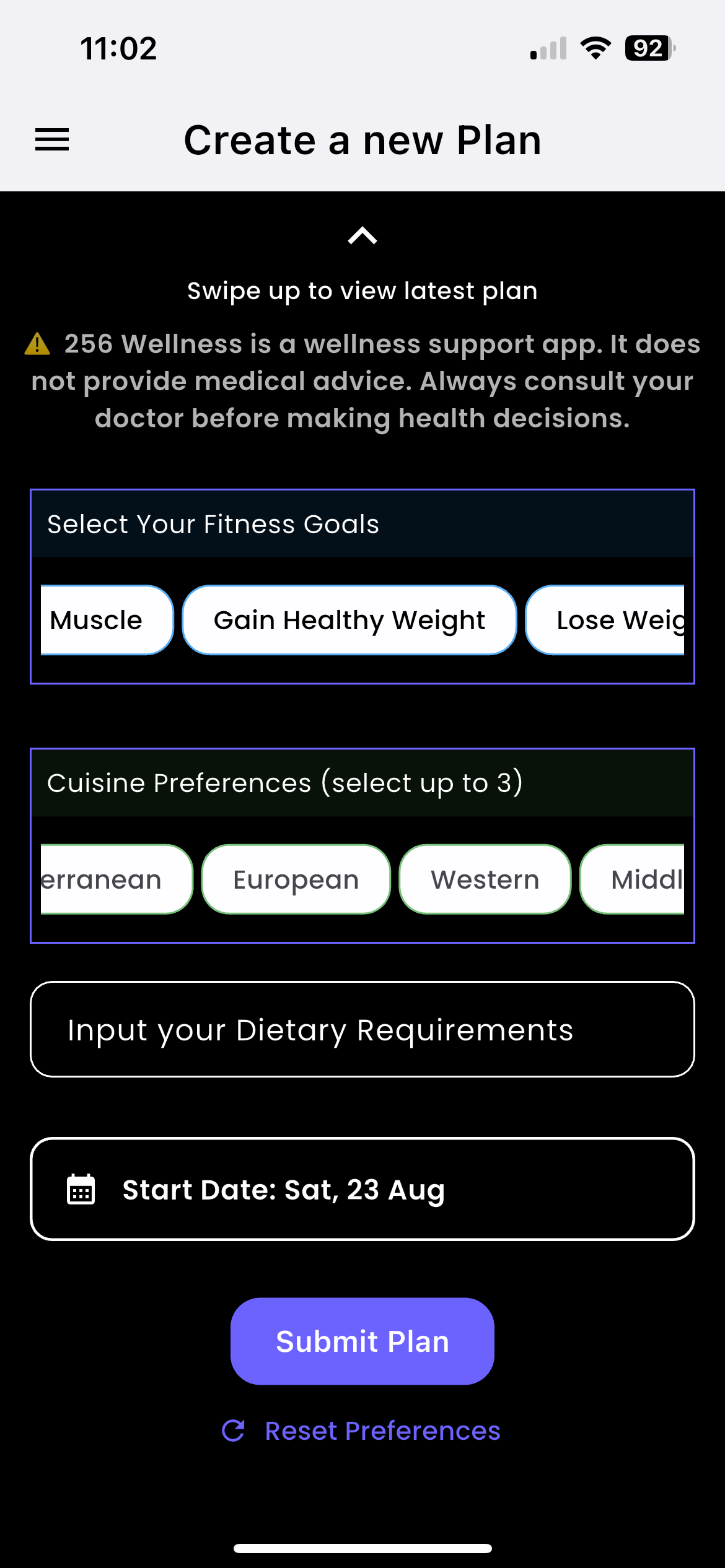 Preferences detail options for plan generation