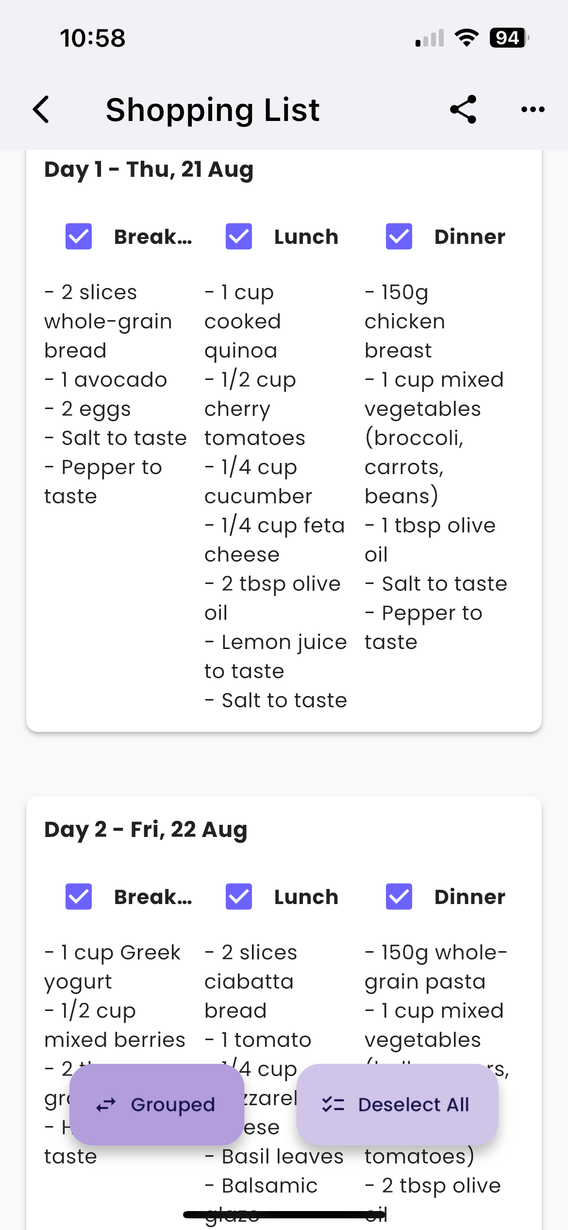 Shopping list generated from the weekly meal plan